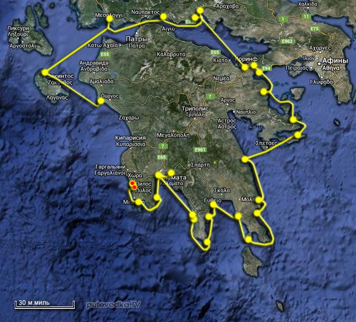 Вокруг Пелопоннеса 2013. Карта маршрута. Наваринская бухта.