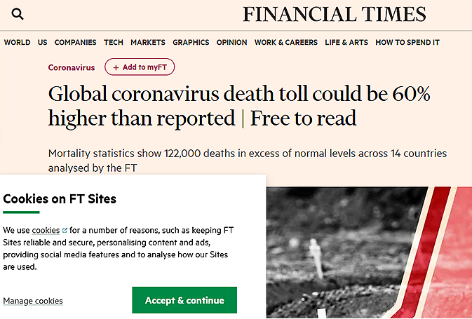 Financial Times. Global coronavirus death toll could be 60% higher than reported